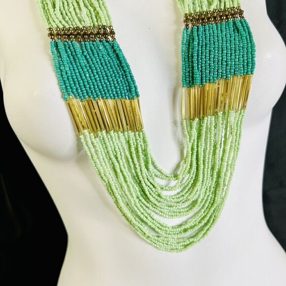Stunning Waterfall Turqoise Green Gold Multi Strand Seed Bead Statement Necklace - Picture 5 of 15